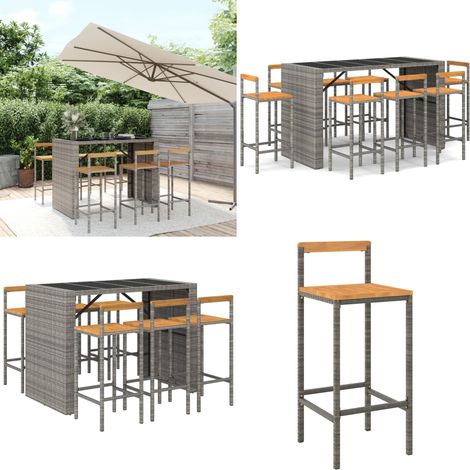 7-tlg. Gartenbar-Set Grau Poly Rattan & Massivholz Akazie - Gartenbar-Set - Outdoor Möbel - Esszimmergarnitur - Balkonmöbel - Terrassenmöbeln - Home & Living (1/5)