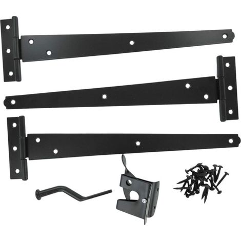 BH07086 Kit de suspension pour portail de jardin en bois robuste avec charnières en T noires de 30,5 cm, loquet de fermeture automatique noir et toutes les fixations (1/5)