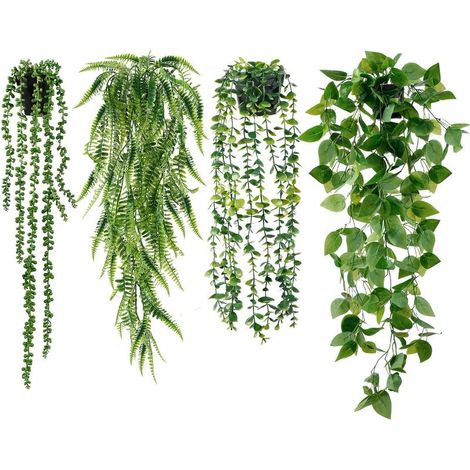 Set mit 4 realistischen künstlichen Hängepflanzen, dekorative Rankpflanzen wie Efeu und Weinreben, für die Innen- und Außendekoration in Büros, Wohnzimmern, Balkonen und Gärten (1/5)