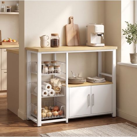 Meuble de cuisine avec rangement, étagère pour micro-ondes, 3 paniers, placard à 2 portes, MDF, bois clair, 100 x 35 x 80 cm, jusqu’à 45 kg CHICFURN (1/5)
