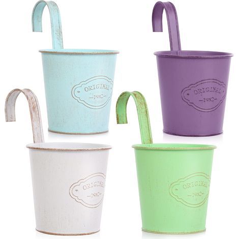 4 Pcs Pot de Fleurs Suspendu Métal avec Trou de Drainage,Pot de Fleur Métal Coloré avec Crochet Amovible, Style Vintage pour Décotation Balcon Jardin Mural Clôture Modèl-02 (1/5)