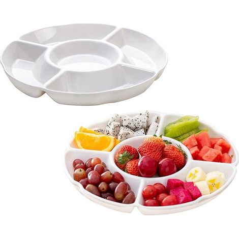 Juego de 2 platos para aperitivos de 25 cm，Bandeja profunda de 5 compartimentos para aperitivos，Apto para microondas y lavavajillas，Blanco (1/5)