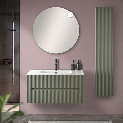 Mobile bagno sospeso cannettato 90 cm verde con specchio Bali (1/5)