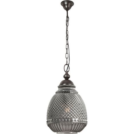 Merano Fredericton Dome Suspension Plafonnier Verre Gris Base Marron Foncé, Chaîne LED E27