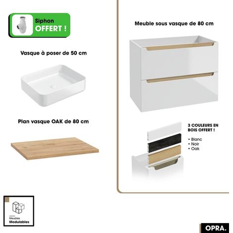 Ensemble meuble sous vasque avec plan et vasque à poser - Siphon OFFERT  OPRA  Blanc-Oak  80 × 60 × 45 cm (1/5)