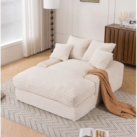 Méridienne 135x165x58 cm beige en velours côtelé et mousse haute densité avec 4 coussins amovibles (1/3)
