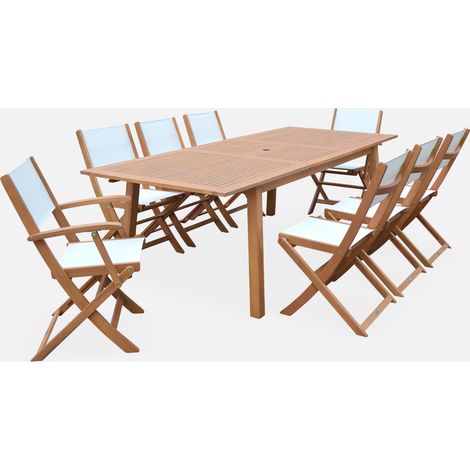Set tavolo da giardino rettangolare allungabile in legno con 8 sedie