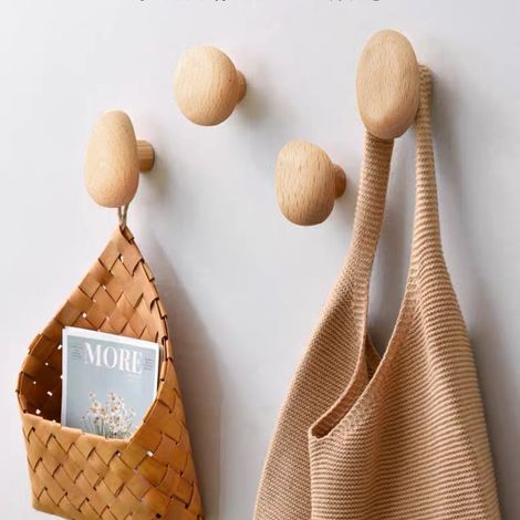 Crochets muraux en bois, 4 pièces, patères robustes en bois naturel, cintres muraux décoratifs en forme de galet pour serviettes et sacs (1/4)
