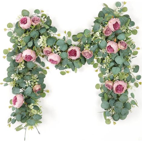 Lot de 2 guirlandes de fleurs artificielles d'eucalyptus - Vintage - Guirlande de fausses fleurs - Vigne de roses - Plante murale décorative pour arche de mariage, arche de mariage, arche de (1/5)