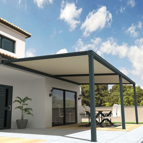 Pergola toile SUNLIGHT Gris anthracite - 6,00x3,00m (Motorisé à télécommande secours + Kit LED 1 coté - Ecru) (1/5)