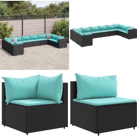 10-tlg. Garten-Lounge-Set mit Kissen Schwarz Poly Rattan - Gartensessel - Rattanmöbel (1/5)