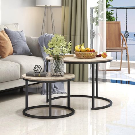 Industrieller runder Couchtisch, 2er-Set, Beistelltisch für Wohnzimmer, stapelbare Beistelltische, robust und einfache Montage,Schwarz + Teakeiche (1/5)