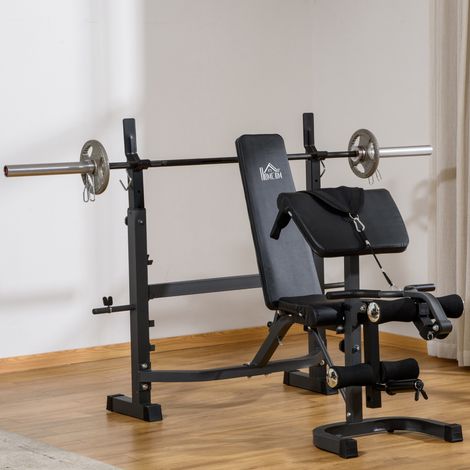 HOMCOM Banco de Musculación Multifuncional Banco de Pesas con Respaldo Inclinable y Soporte de Barras Altura Ajustable para Entrenamiento Cuerpo Completo Ginmasio Carga 300 kg 187x140x117-136 cm Negro (1/5)