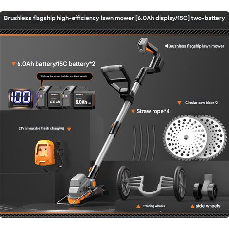 21V fast-charging lawn mower, 6.0Ah, 2 pieces of 15C batteries, 4 grass-cutting ropes, 2 blades, with two sets of wheels, brushless motor, lawn mower (1/5)