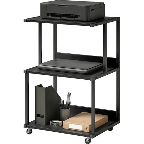 Dreistufiger Druckerständer mit Rollen, industrieller Metallschreibtisch, schwarz.