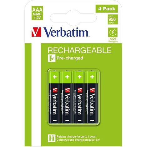 VERBATIM Batterie ricaricabili AAA Premium 4 Pack - 1.2V 950mAh - Batterie ricaricabili NiMH HR03 - Bassa autoscarica - Batterie Mignon precaricate per controller, giocattoli, fotocamere, ecc. (1/2)