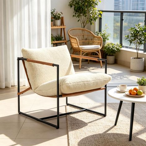 Fauteuil tissu bouclette Siège garnissage rembourré grande assise structure en acier (1/5)