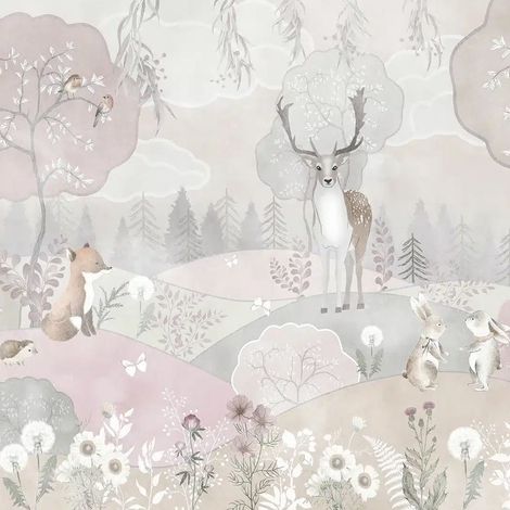papier peint panoramique animaux de la forêt beige et vieux rose  - Sanders & Sanders (1/5)