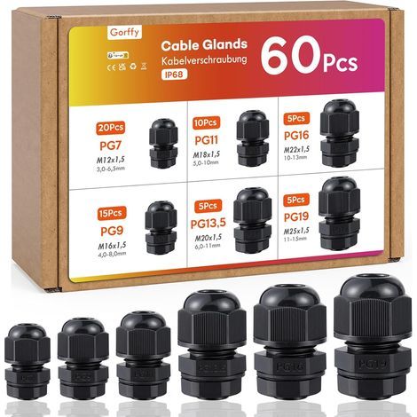 Packung mit 60 Kabelverschraubungen mit Dichtungen PG7 PG9 PG11 PG13.5 PG16 PG19, 6 Arten von wasserdichten Kabelverschraubungen aus Nylon und Kunststoff (1/5)
