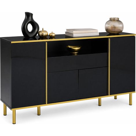 Buffet LED noir brillant à 4 portes, 1 tiroir et grand compartiment, 150 x 40 x 80 cm, finition élégante avec pieds dorés pour salon moderne CHICFURN (1/5)