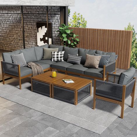 Ensemble de Salon de jardin 7-8 Places avec Canapé, Table et Coussins Déhoussables - Ensemble Lounge pour Terrasse - Gris