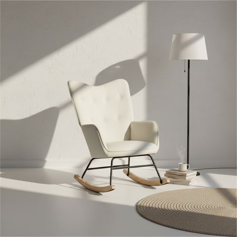 URBAN MEUBLE Fauteuil à bascule Scandinave velours beige pieds en bois clair (1/5)