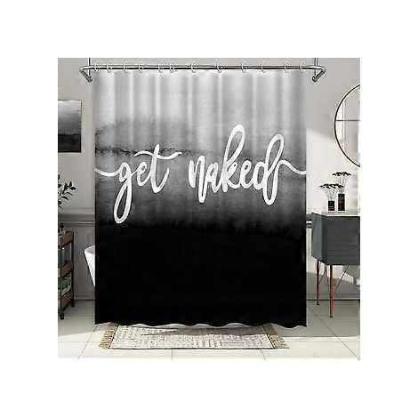 Duschvorhang – 180 x 180 cm – Schwarz-weißer Farbverlauf mit dem Schriftzug „Get Naked“ – Polyester – wasserdicht – schimmelresistent – maschinenwaschbar – inklusive Ringe