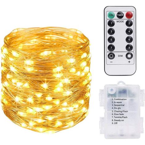 Guirnalda de luces LED de 10 m y 100 LED, cable de cobre, funciona con pilas y tiene mando a distancia para carnaval, fiestas, cumpleaños, bodas y jardines. Protección IP65 - Blanco cálido [Clase ener (1/5)