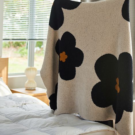 Plaid tricoté demi-peluche motif tournesol, beige, 100 x 140 cm, classe A (1/3)