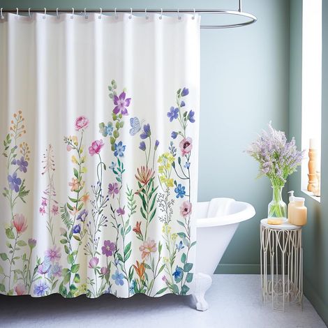 Rideau de douche fleurs multicolores 180x200 cm, polyester textile lavable anti-moisissure avec 12 anneaux (1/5)
