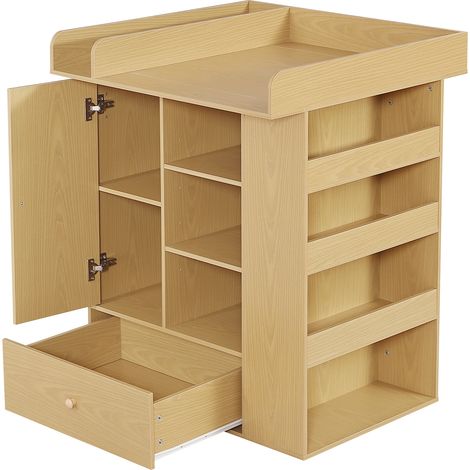 CAIziCommode à langer couleur naturelle, avec tiroir, armoire et espace de rangement, porte-serviettes, espace à langer avec séparateurs, design bois naturel