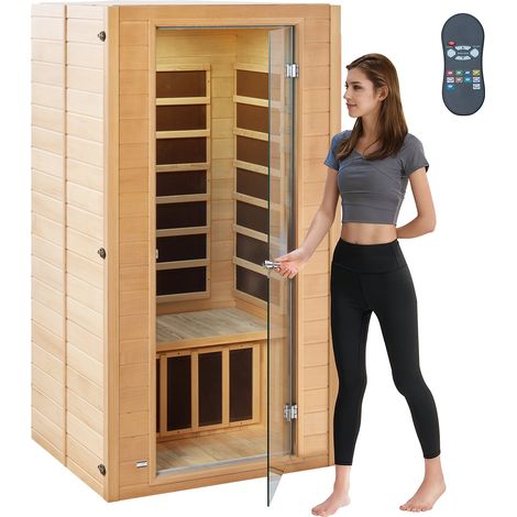 Sauna infrarouge lointain pour 1-2 personnes, cabine sauna domestique en bois pruche infrarouge faible EMF avec porte en verre trempé, lampe multicolore, haut-parleurs Bluetooth, chromothérapie (1/5)