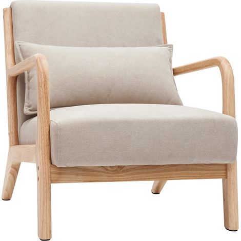 Poltrona in legno chiaro e tessuto effetto velluto beige DERRY