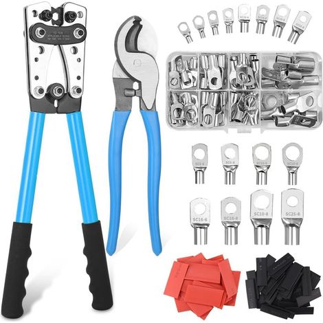 Crimpzange für Batteriekabel mit großem Querschnitt (10-1/0 AWG, 6/10/16/25/35/50 mm²) mit 8 Größen, 60 Kupferringverbinder und Schneidzange + 60 Schrumpfschläuche. (1/5)