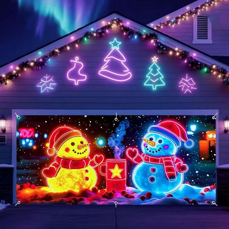Bandeau De Porte De Garage De Noël - 13 X 6 Pieds - Design Dessin Animé Bonhomme De Neige - Phosphorescent - Pour Intérieur Et Extérieur - 1 Pièce (1/5)