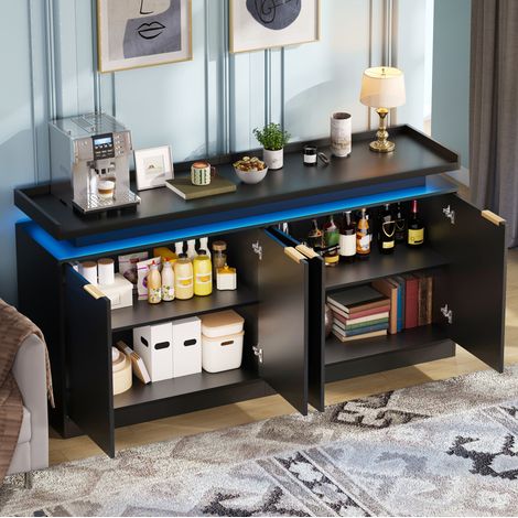 Küchenkommode mit LED, 4 Türen, 160 x 39 x 83 cm, MDF, Schwarz OKMYHOME (1/5)