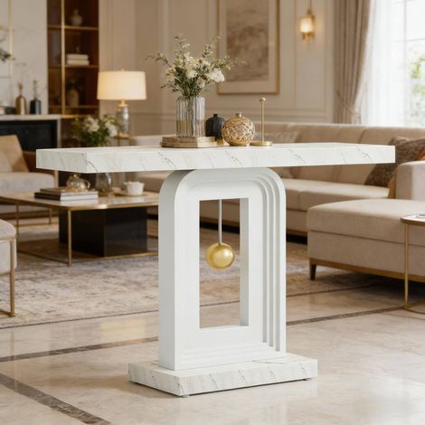 Table console en MDF effet marbre blanc, 100 cm, étroite pour entrée et salon (1/5)