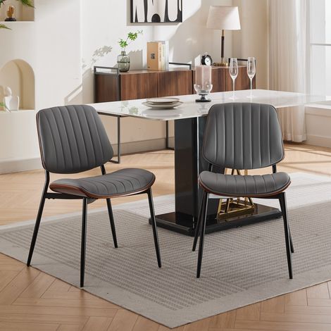Set di 2 sedie in stile retrò metà secolo - Schienale in legno, schienale curvo, gambe in metallo regolabili - per cucina e sala da pranzo - Grigio (1/5)