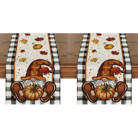 Ce chemin de table, orné de citrouilles d'automne et de gnomes, est idéal pour Thanksgiving. Dimensions : 33 x 183 cm(2 pièces) (1/5)