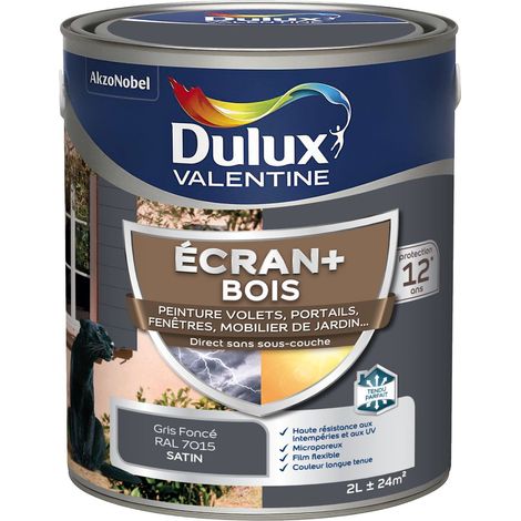 ECRAN+ BOIS - Peinture satinée pour bois extérieur - Volets, portes, fenêtres, portails - Gris Foncé 2 L - Dulux Valentine