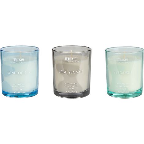 Conjunto de 3 velas perfumadas 100% cera de soja mecha de algodón vidrio fragancia fresca bergamota/viento de mar/salvia sal marina Sheer Joy (1/5)