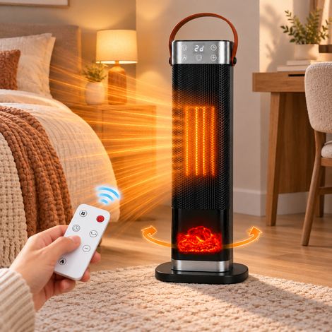 ROSNEK Chauffage soufflant céramique PTC 2000 W oscillant avec télécommande, thermostat 15-40 °C, minuterie 12 h, effet flamme 3D Noir (1/5)
