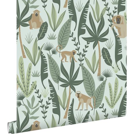 papier peint singes de la jungle vert menthe et vert foncé - ESTAhome (1/5)
