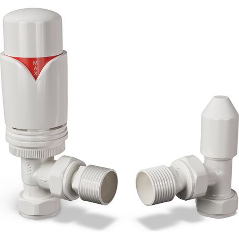 Derry Bold - White Thermostatic Radiator Valve & Lockshield Angled 10mm