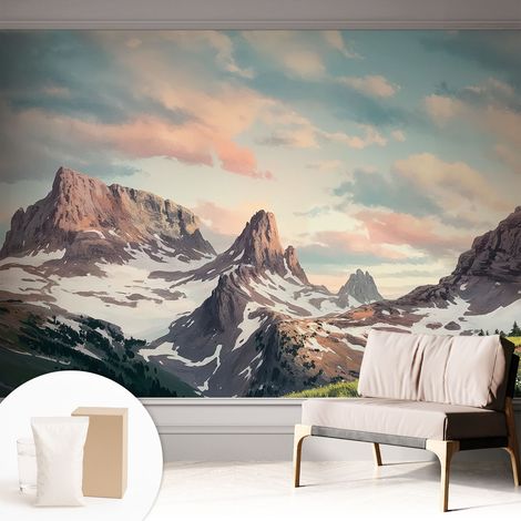 Fototapete Tapete Vliestapete mit Kleber - trendige Wanddeko - Schlafzimmer - Wohnzimmer Bergpanorama 312x219 cm (1/5)