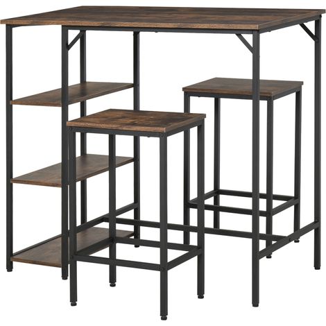 HOMCOM Bartisch-Set Stehtisch mit 2 Barhockern Essgruppe 3-teiliges Tischset Küchentresen mit Regale Spanplatte Stahl Rustikales Braun+Schwarz 109 x 60 x 100 cm