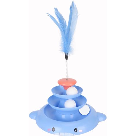 Jouet interactif pour chat avec boule à 3 niveaux détachable et plume pour l'exercice des chatons, bleu