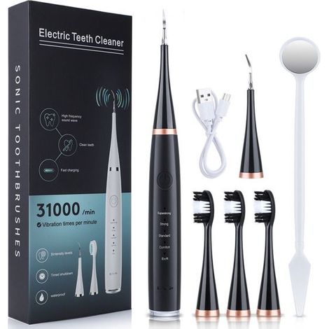 Kit nettoyage plaque dentaire sonique, têtes brosse dents - Noir (1/5)
