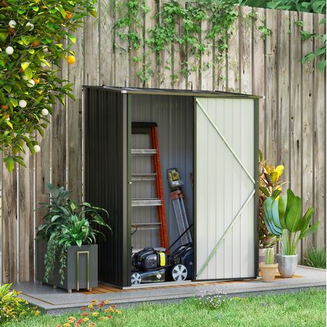 Armario de jardín 161,5x94,5x196 cm negro de acero galvanizado con techo inclinado y puerta con cierre (1/5)