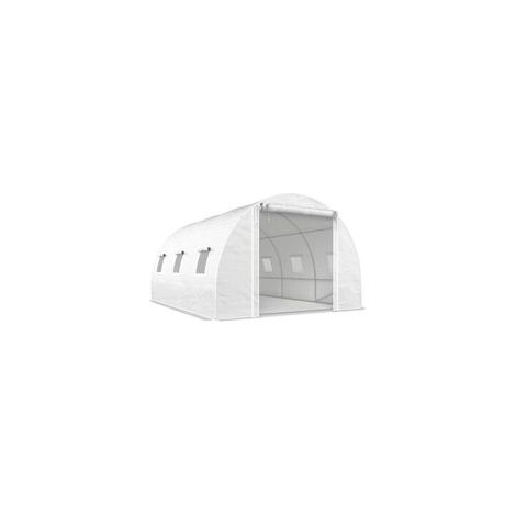Serre en aluminium, bâche plastique, porte moustiquaire, poteaux de support, blanche